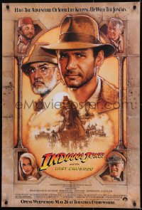 8p0955 INDIANA JONES & THE LAST CRUSADE advance 1sh 1989 Ford/Connery over a brown background by Drew