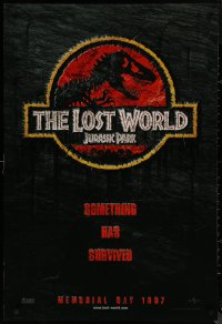 8p0985 JURASSIC PARK 2 teaser DS 1sh 1997 Spielberg, classic logo with T-Rex over red background!