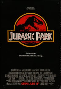 8p0984 JURASSIC PARK advance 1sh 1993 Steven Spielberg, classic logo with T-Rex over red background