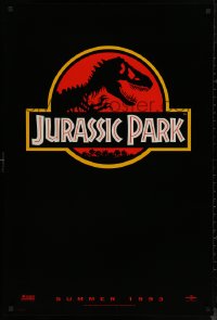8p0983 JURASSIC PARK teaser 1sh 1993 Steven Spielberg, classic logo with T-Rex over red background