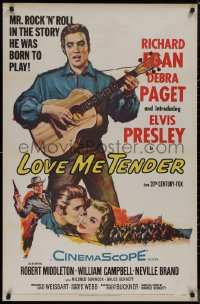 8p1025 LOVE ME TENDER 1sh 1956 1st Elvis Presley, artwork with Debra Paget & playing guitar!