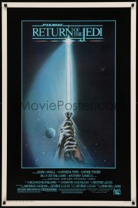 8p1136 RETURN OF THE JEDI 1sh 1983 George Lucas, art of hands holding lightsaber by Reamer!