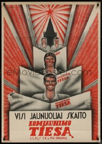 8p0138 KOMJAUNIMO TIESA 28x40 Lithuanian advertising poster 1941 smiling youth all read this paper!
