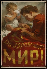 8p0304 LONG LIVE PEACE 26x39 Russian special poster 1955 woman sewing hammer and sickle flag!