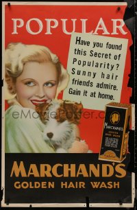 8p0141 MARCHAND'S GOLDEN HAIR WASH 30x46 advertising poster 1930s smiling blonde woman with dog!