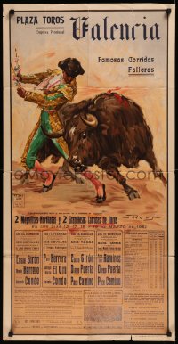 8p0317 PLAZA TOROS VALENCIA 21x42 Spanish special poster 1960 J. Reus art of a bullfight!
