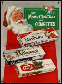 8p0147 SAY MERRY CHRISTMAS WITH CIGARETTES 19x26 advertising poster 1950s art of Santa & cigs!