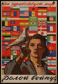8p0342 LONG LIVE PEACE DOWN WITH WAR 22x33 Russian special poster 1958 woman w/dove by Ivnov!
