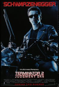 8p1243 TERMINATOR 2 advance DS 1sh 1991 Arnold Schwarzenegger on motorcycle with shotgun!