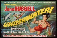 8p0249 UNDERWATER English trade ad 1955 Howard Hughes, art of sexy Jane Russell swimming by shark!