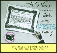 8r0221 VESTA BATTERY glass slide 1920s a two year guarantee with every one, cool certificate!