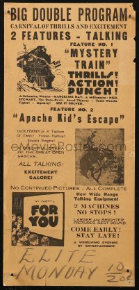 8r0422 MYSTERY TRAIN /APACHE KID'S ESCAPE herald 1930s carnival of thrills & excitement, both talking features!