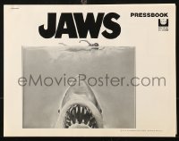8r0576 JAWS pressbook 1975 art of Steven Spielberg's classic man-eating shark attacking sexy swimmer!