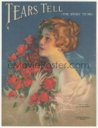 8r0130 TEARS TELL sheet music 1919 great Rolf Armstrong art of pretty woman holding roses!