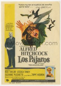 8r0830 BIRDS Spanish herald 1963 director Alfred Hitchcock shown, Tippi Hedren, classic attack art!