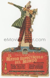 8r0771 GREATEST SHOW ON EARTH die-cut Spanish herald 1953 DeMille, Solis art of clown James Stewart!