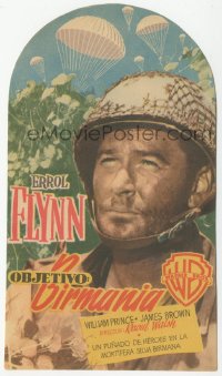 8r0779 OBJECTIVE BURMA die-cut Spanish herald 1950 c/u of paratrooper Errol Flynn in World War II!