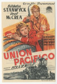 8r1166 UNION PACIFIC Spanish herald R1950s DeMille, Barbara Stanwyck, Joel McCrea & cool train art!