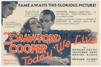 8r0460 TODAY WE LIVE herald 1933 Joan Crawford, Gary Cooper, Robert Young, Howard Hawks, very rare!
