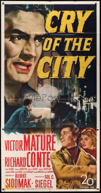 8t0206 CRY OF THE CITY 3sh 1948 film noir, art of Victor Mature, Richard Conte & Shelley Winters!