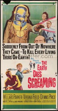 8t0219 EARTH DIES SCREAMING 3sh 1964 Terence Fisher sci-fi, wacky monster, who or what were they?