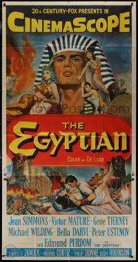 8t0222 EGYPTIAN 3sh 1954 artwork of Jean Simmons, Victor Mature & Gene Tierney in ancient Egypt!