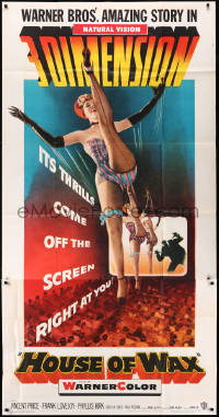 8t0245 HOUSE OF WAX 3D 3sh 1953 cool art of monster & sexy girls kicking off the movie screen!