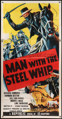 8t0264 MAN WITH THE STEEL WHIP 3sh 1954 serial, cool art of masked hero on horse lashing his whip!