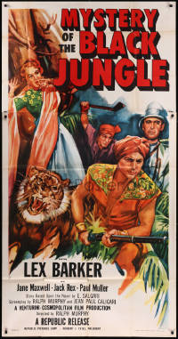 8t0271 MYSTERY OF THE BLACK JUNGLE 3sh 1955 cool art of Lex Barker w/rifle by tiger hunting in India!