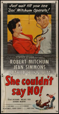 8t0287 SHE COULDN'T SAY NO 3sh 1954 sexy short-haired Jean Simmons, Dr. Robert Mitchum, ultra rare!