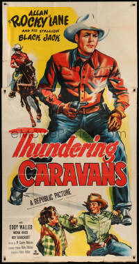 8t0306 THUNDERING CARAVANS 3sh 1952 great artwork of cowboy Rocky Lane w/smoking gun & Black Jack!