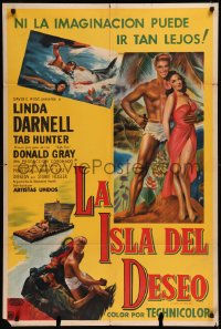 8t0111 ISLAND OF DESIRE Argentinean 1952 art of sexy Linda Darnell & barechested Tab Hunter!