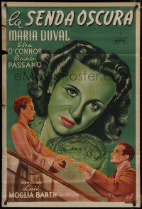 8t0118 LA SENDA OSCURA Argentinean 1947 Raf art of pretty Maria Duval between lovers on stairs!