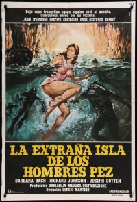 8t0144 SOMETHING WAITS IN THE DARK Argentinean 1980 art of sexy Barbara Bach attacked by fish men!