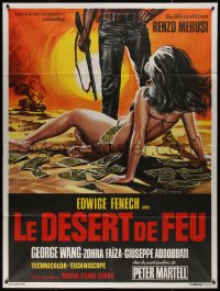 8t0839 DESERT OF FIRE French 1p 1972 great art of man standing over woman in bikini covered in cash!