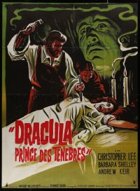 8t0855 DRACULA PRINCE OF DARKNESS French 1p R1970s art of vampire Christopher Lee + man driving stake!