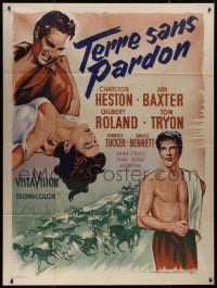 8t1193 THREE VIOLENT PEOPLE French 1p R1960s different art of Charlton Heston & sexy Anne Baxter!