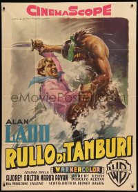 8t0463 DRUM BEAT Italian 1p 1955 great Martinati art of Alan Ladd fighting Native American, rare!