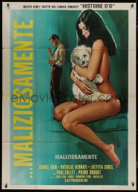 8t0469 EMBRACE Italian 1p 1974 art of Daniel Vigo & sexy naked Nathalie Vernier holding dog!