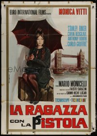 8t0482 GIRL WITH THE PISTOL Italian 1p 1968 art of sexy Monica Vitti with umbrella by London Bridge!