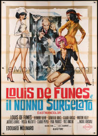 8t0365 HIBERNATUS Italian 2p 1969 Symeoni art of Louis de Funes in ice, wacky sci-fi comedy, rare!