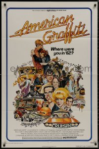 8w0691 AMERICAN GRAFFITI 1sh 1973 George Lucas teen classic, Mort Drucker montage art of cast!