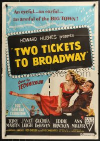 8w0367 TWO TICKETS TO BROADWAY Aust 1sh 1952 great art of Janet Leigh & Tony Martin, Howard Hughes!