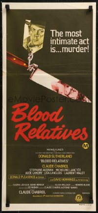 8w0399 BLOOD RELATIVES Aust daybill 1978 Claude Chabrol, cool image of Donald Sutherland & bloody hands!