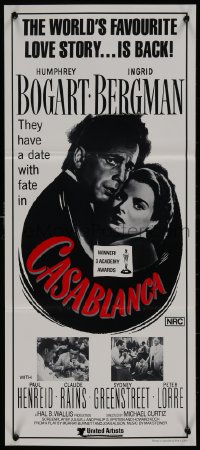 8w0418 CASABLANCA Aust daybill R1980s Humphrey Bogart, Ingrid Bergman, Michael Curtiz classic!