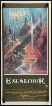 8w0459 EXCALIBUR Aust daybill 1981 John Boorman, cool medieval fantasy sword artwork by Bob Peak!