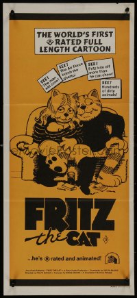 8w0478 FRITZ THE CAT Aust daybill 1972 Ralph Bakshi sex cartoon, he's x-rated and animated!