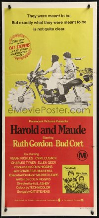 8w0494 HAROLD & MAUDE Aust daybill 1971 Ruth Gordon, Bud Cort is equipped to deal w/life!
