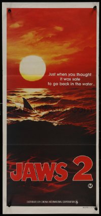 8w0508 JAWS 2 teaser Aust daybill 1978 classic art of man-eating shark's fin in red water at sunset!