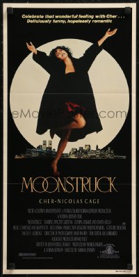 8w0539 MOONSTRUCK Aust daybill 1987 Cher in front of New York City skyline, Norman Jewison!